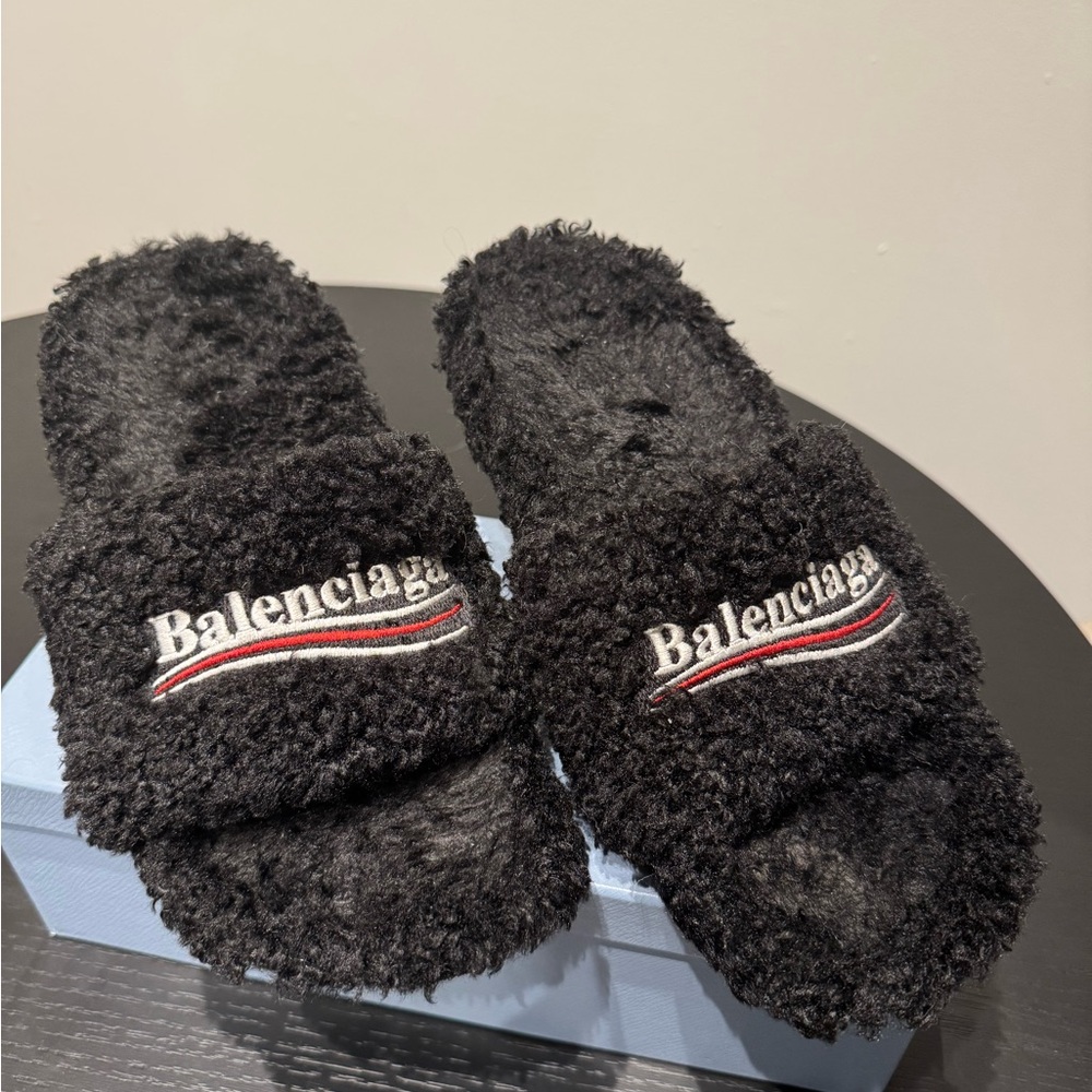 Balenciaga Black Fuzzy Slides